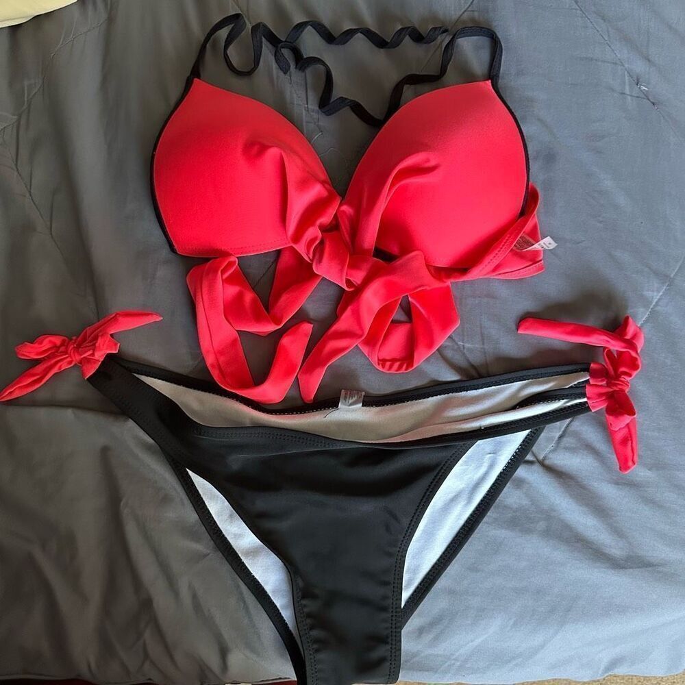 Neon orange/watermelon color/Black 2pc bikini , front tie, back clasp , some pus